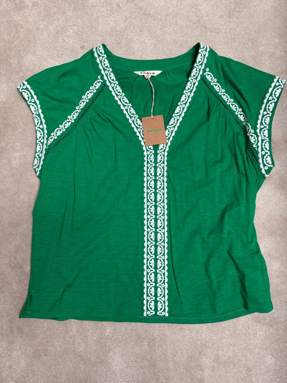 Boden Green Short-Sleeve V-Neck Top with White Embroidery